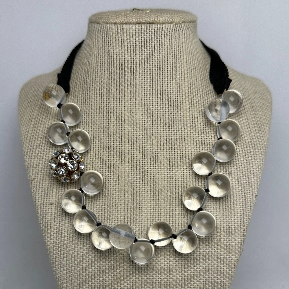 J.Crew Crystal and Black Grosgrain Ribbon Self-Tie Necklace – 49” Long - EUC